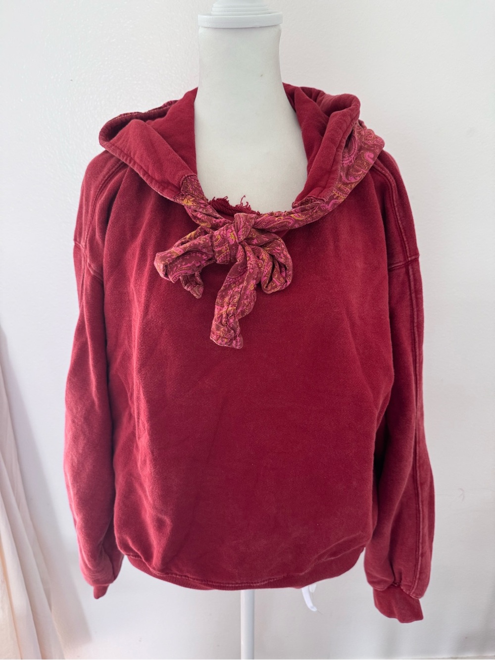 Free People Deep Red Hooded Pullover with Tie Accent